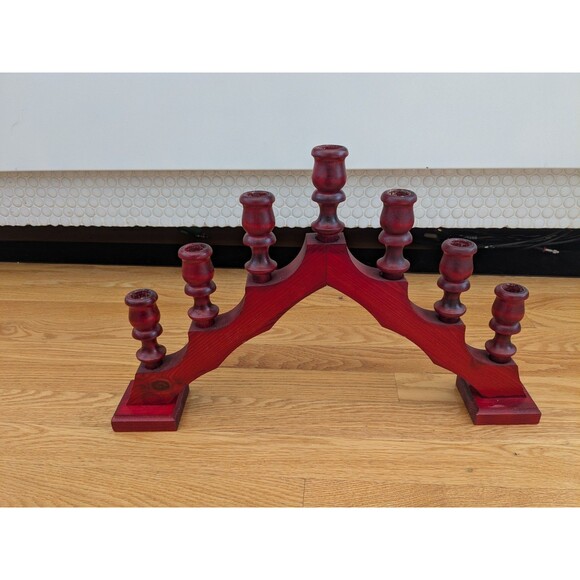 Vintage Swedish Red Wooden Candelabra Folk Art Candlestick 7 Light 18'' - Picture 2 of 8